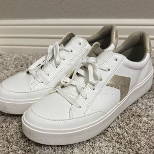 Women's White and Gold Sneakers US 10